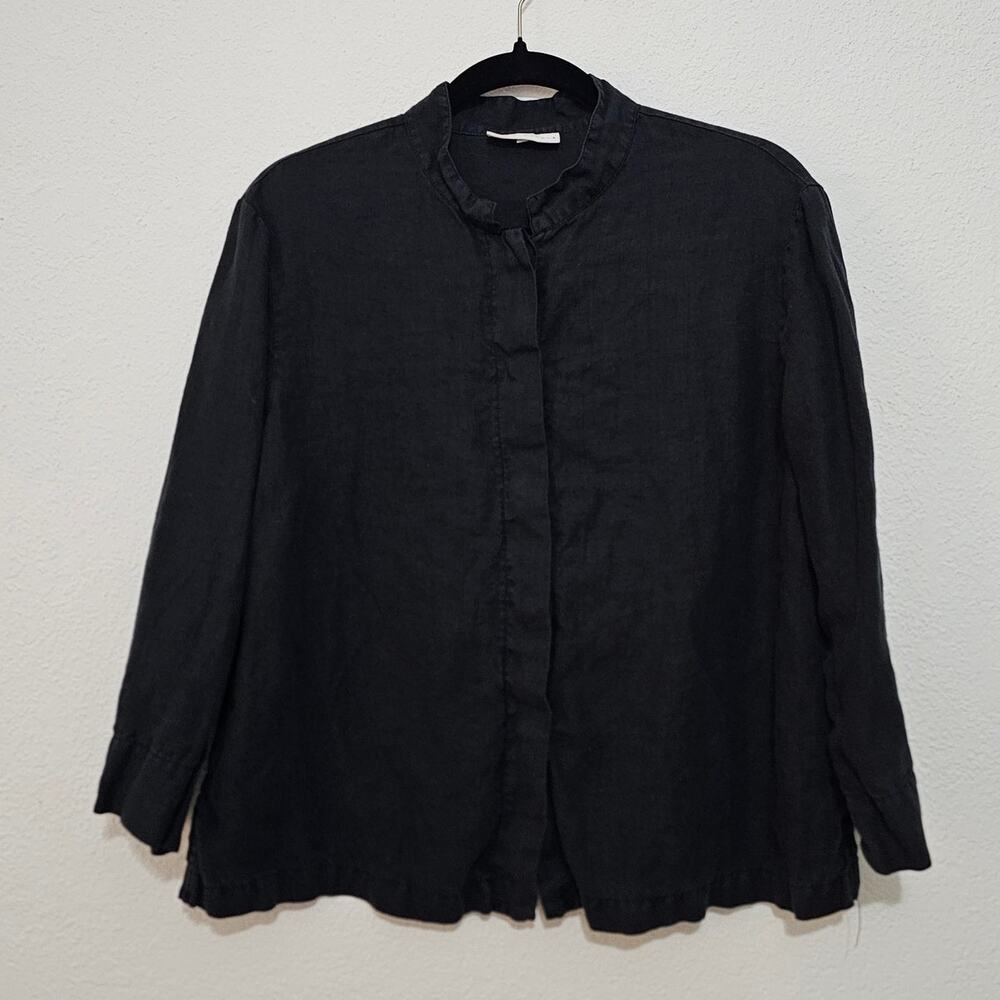 Bryn Walker Black Button Front Long Sleeve Top Overshirt Boxy Women Large Linen